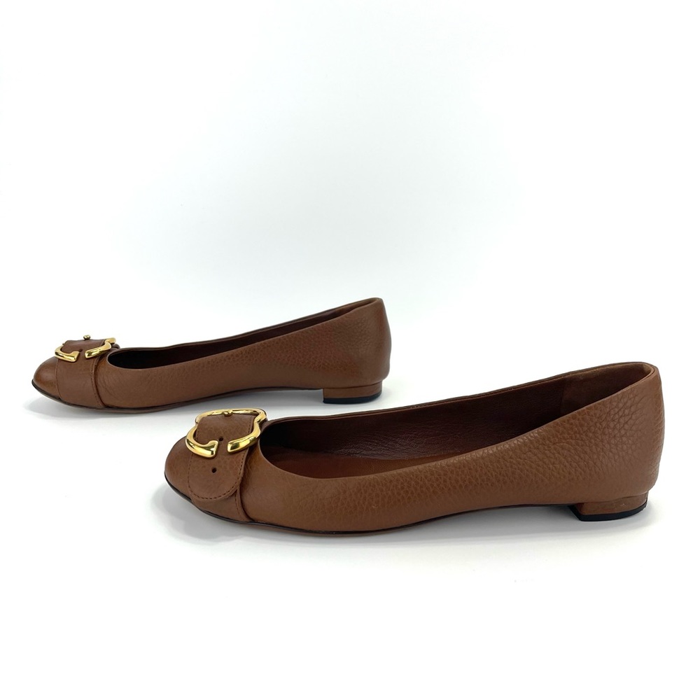 📌SOLD📌 GUCCI 100% AUTHENTIC BROWN LEATHER GOLD INTERLOCKING GG FLATS - Picture 7 of 16